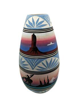 Navajo Pottery Vase Southwest Desert Landscape & Etched Pastel Signed